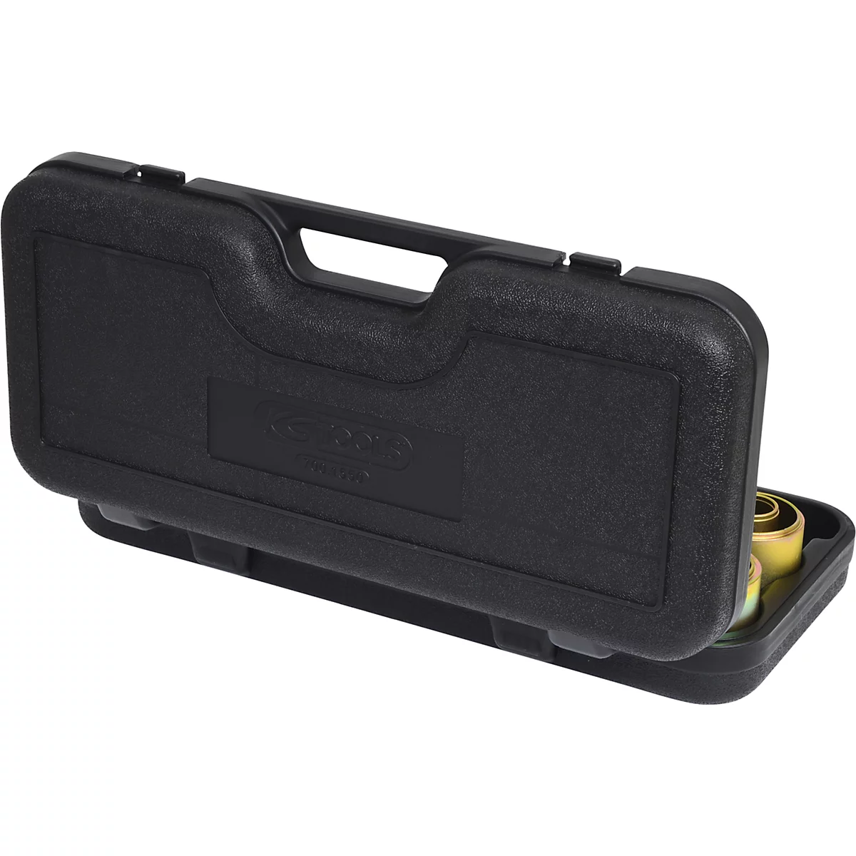 Schwarzer Werkzeugkoffer, teilweise geöffnet, mit gelben Werkzeugzubehörteilen.